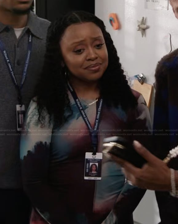 Janine’s printed mesh dress on Abbott Elementary