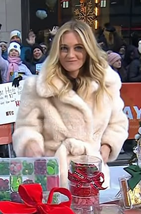 Jasmine Snow's white fur belted jacket coat on Today