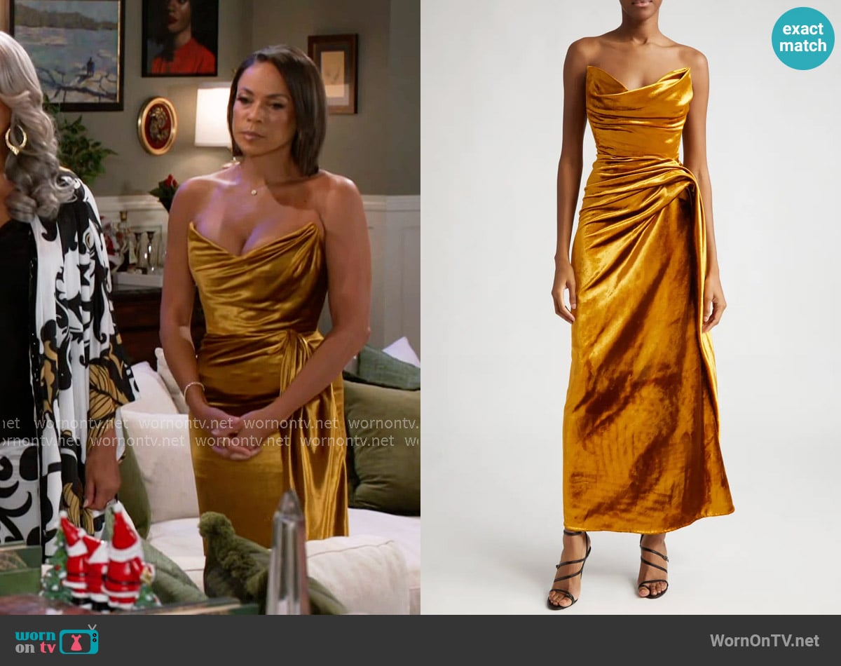 Jason Wu Strapless Shiny Velvet Gown worn by Nicole Dupree Richardson (Daphnee Duplaix) on Beyond the Gates