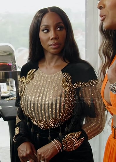 Jassi's black embellished velvet dress on The Real Housewives of Potomac