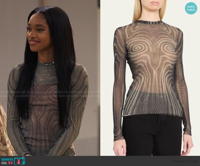 Jean Paul Gaultier Spiral Print Mesh Top worn by Ashley Banks (Akira Akbar) on Bel-Air