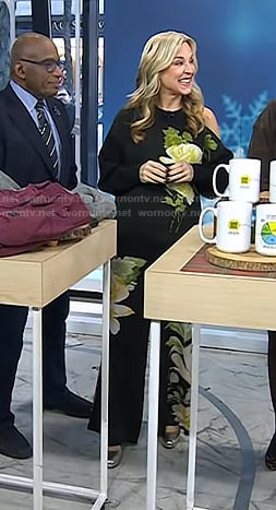 Jennifer Jolly’s black floral one-shoulder sweater and pants on Today