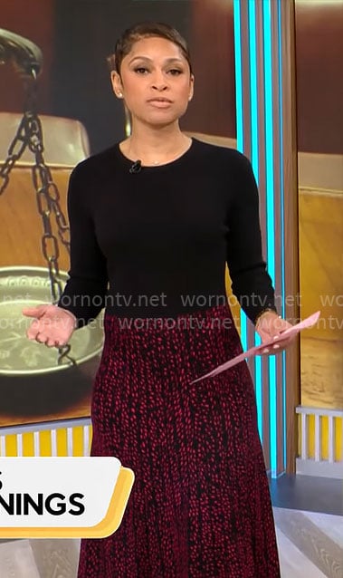 Jericka Duncan's black dress with red printed skirt on CBS Mornings