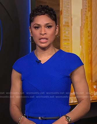 Jericka's blue ribbed cross front top on CBS Evening News