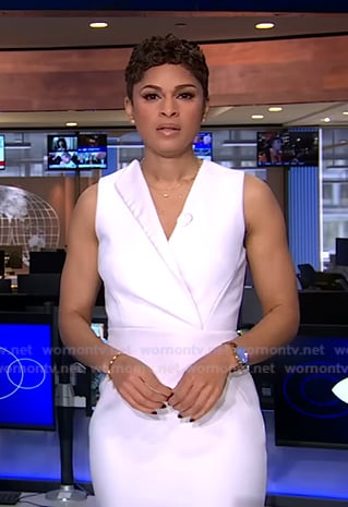 Jericka's white sleeveless surplice dress on CBS Evening News