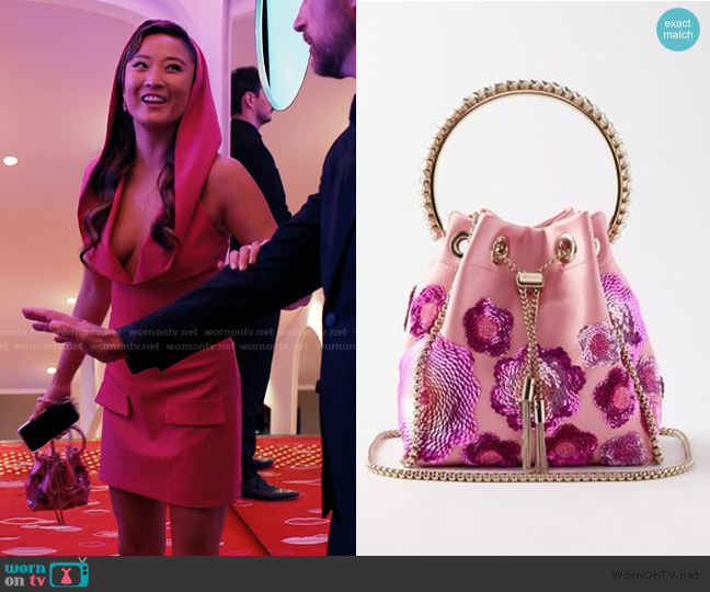 Jimmy Choo Bon Bon Floral-sequin Satin Clutch Bag worn by Mindy Chen (Ashley Park) on Emily in Paris