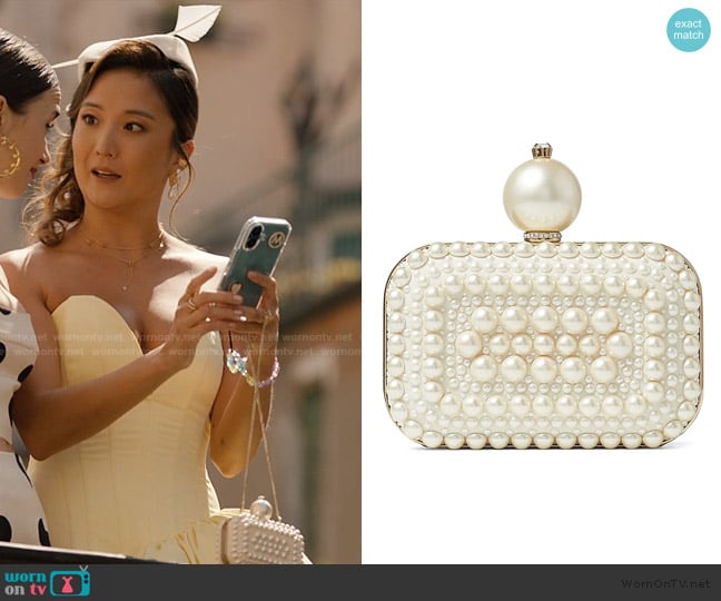 Jimmy Choo Micro Cloud pearl-embellished clutch bag worn by Mindy Chen (Ashley Park) on Emily in Paris