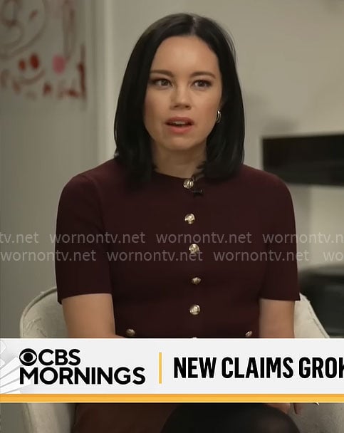 Jo Ling Kent's burgundy cardigan with gold buttons on CBS Mornings