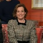 Sigourney Weaver’s tweed jacket with velvet bow on Good Morning America