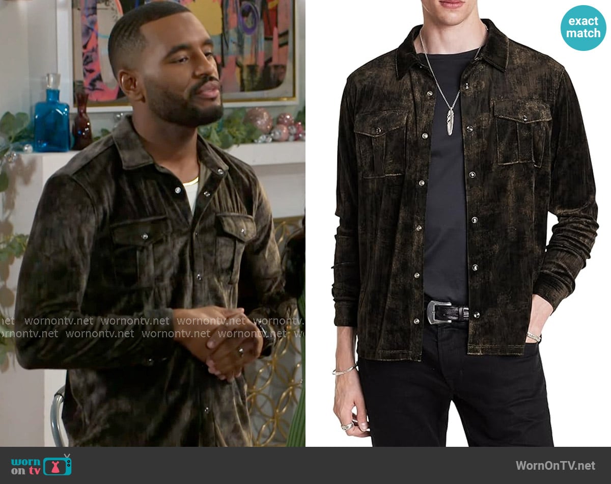 Andre’s brown velvet shirt on Beyond the Gates Andre’s brown velvet shirt on Beyond the Gates