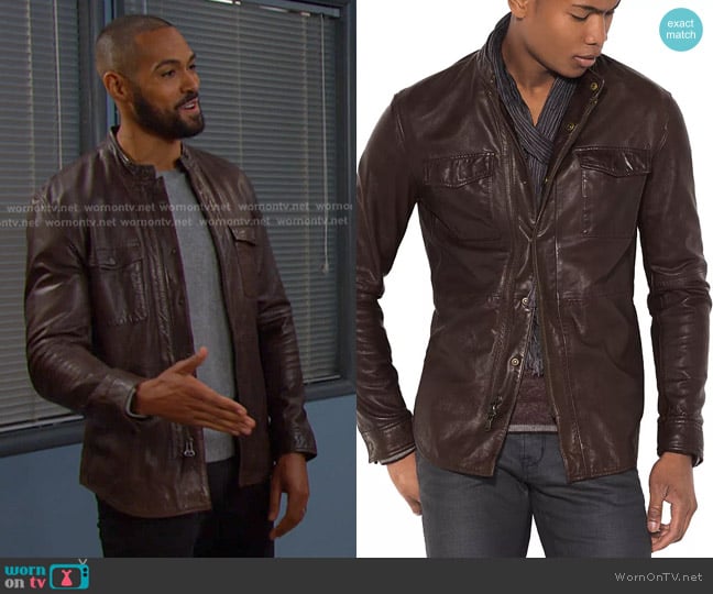John Varvatos Star USA Leather Shirt Jacket worn by Eli Grant ( Lamon Archey) on Days of our Lives