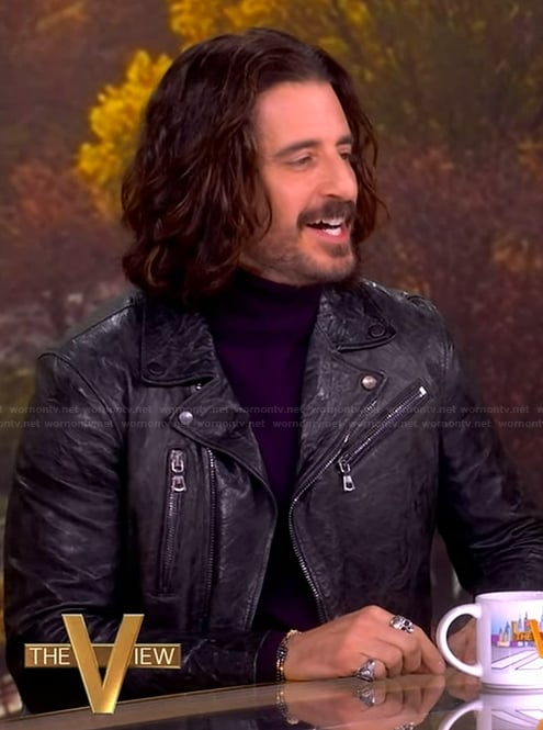 Jonathan Roumie’s black leather jacket on The View
