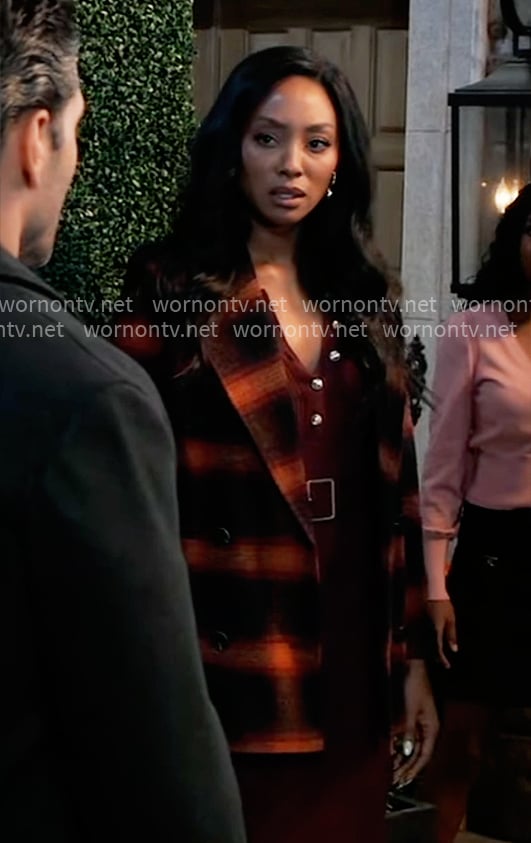 Jordan's burgundy dress and plaid coat on General Hospital