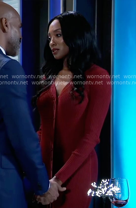 Jordan's burgundy rib knit maxi dress on General Hospital