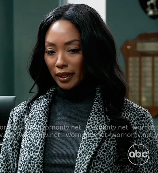 Jordan’s grey leopard print coat on General Hospital