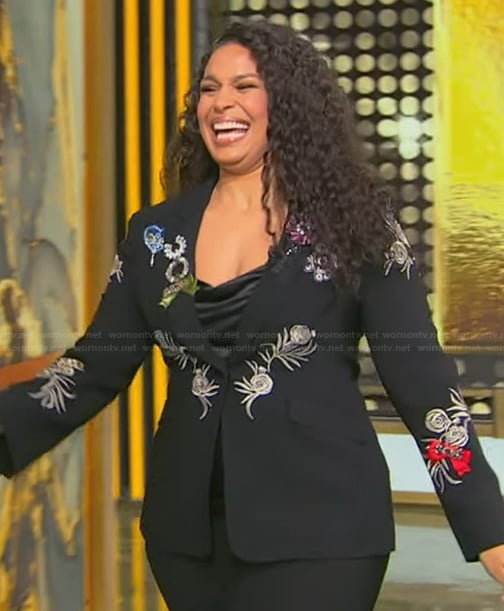 Jordin Sparks’s black embroidered blazer on Tamron Hall Show