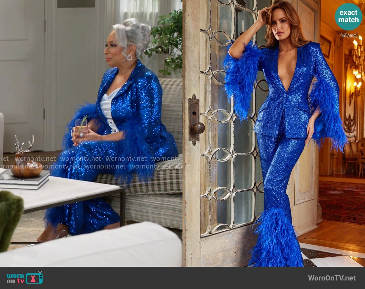 Jovani Style 23162 Royal Sequin and Feather Two Piece Suit worn by Anita Dupree (Tamara Tunie) on Beyond the Gates