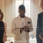 Julien's ivory tweed zip jacket and pants on Emily in Paris