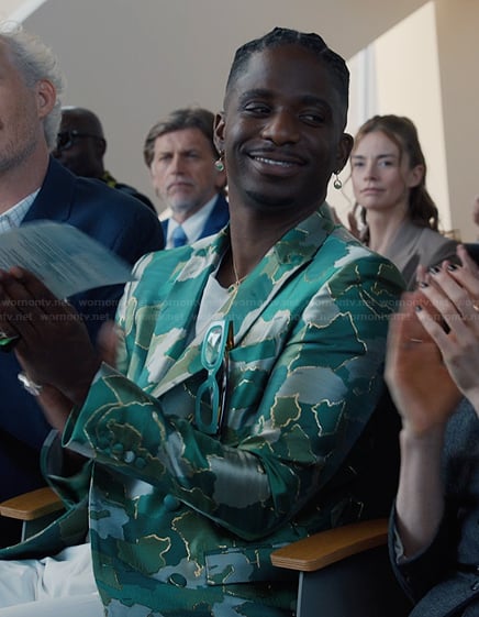 Julien's green metallic blazer on Emily in Paris