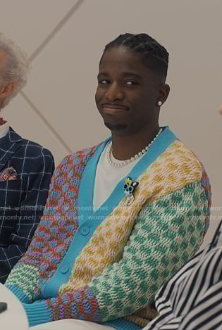 Julien's multicolor check knit cardigan on Emily in Paris