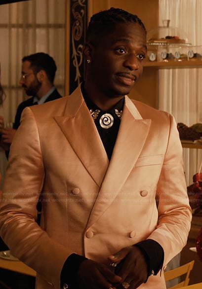 Julien’s pink satin blazer on Emily in Paris