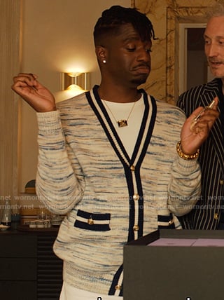 Julien's striped trim cardigan on Emily in Paris