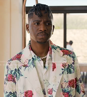 Julien’s white rose print blazer ands pants on Emily in Paris