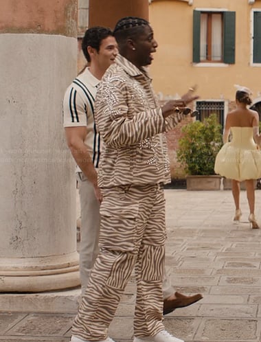 Julien’s zebra stripe jacket and pants on Emily in Paris