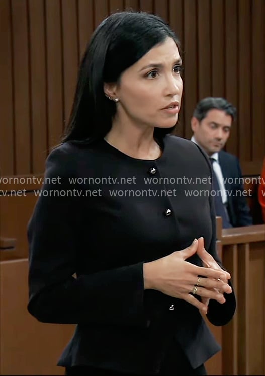 Justine’s black peplum jacket on General Hospital