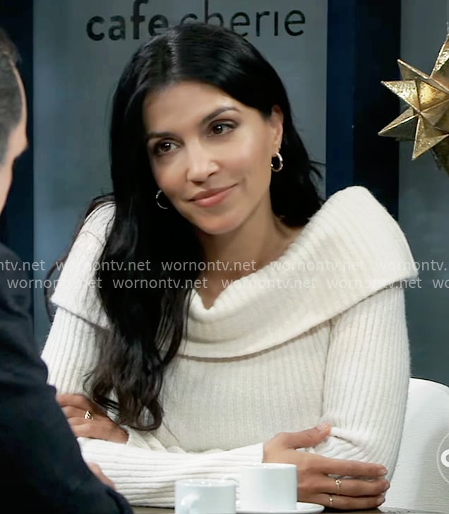 Justine's white off-shoulder sweater on General Hospital