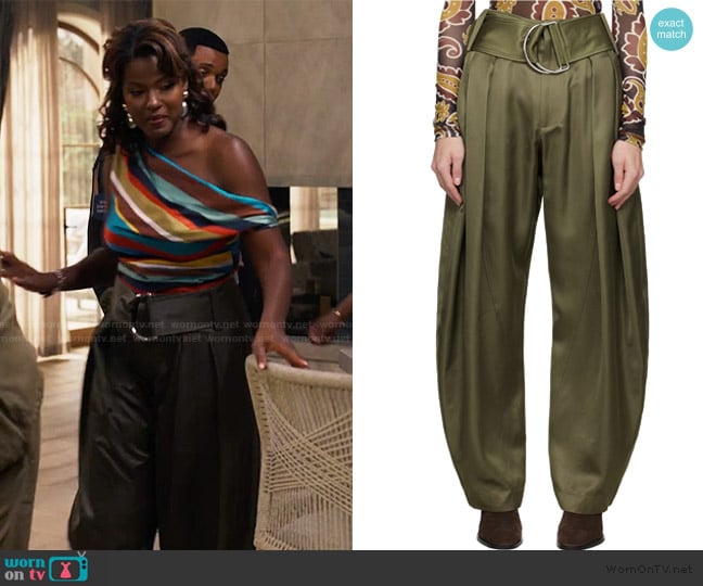 JW Anderson Khaki Pleated D-Ring Trousers worn by Vivian Banks (Cassandra Freeman) on Bel-Air