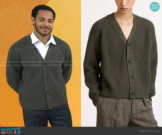JW Anderson V-neck Cardigan in hunter green worn by Daryl McCormack on Today