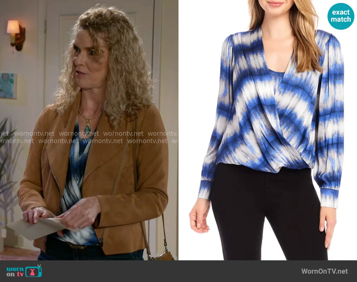Karen Kane Tie Dye Drape Front Satin Top worn by Jan Morgan (Jerri Tubbs) on Beyond the Gates