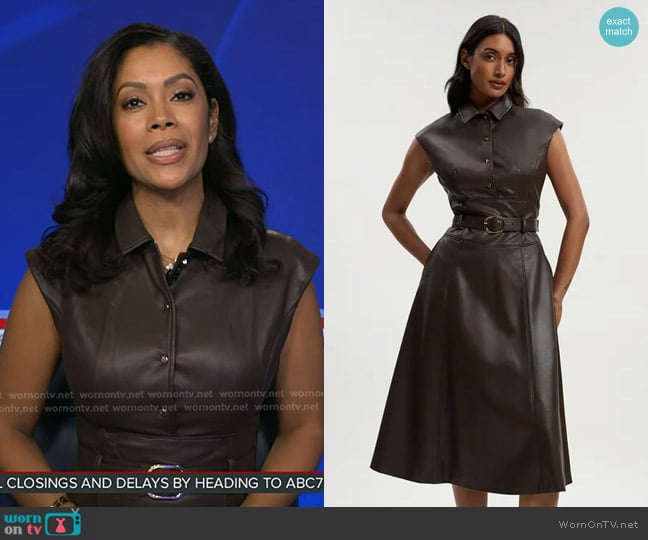 Karen Millen Faux Leather Belted Midi Dress in chocolate worn by Shirleen Allicot on Good Morning America