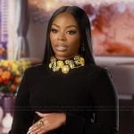 Keiarna’s black embellished neckline confessional dress on The Real Housewives of Potomac