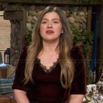 Kelly’s burgundy velvet lace trim dress on The Kelly Clarkson Show