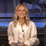 Kelly’s white tie neck silk blouse on Live with Kelly and Mark