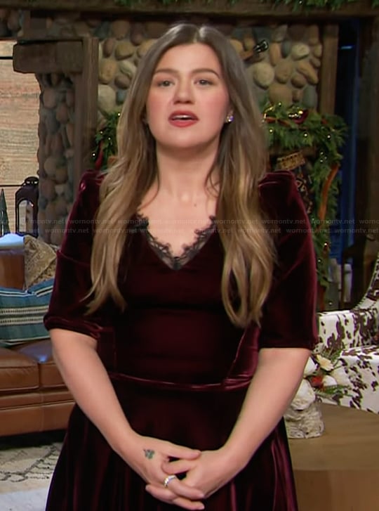 Kelly’s burgundy velvet lace trim dress on The Kelly Clarkson Show