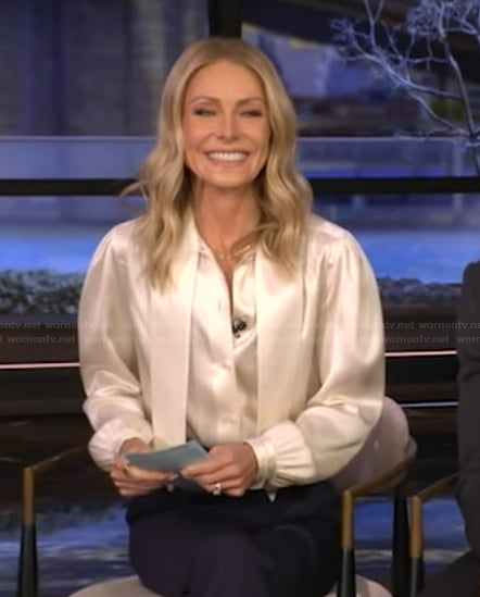 Kelly’s white tie neck silk blouse on Live with Kelly and Mark
