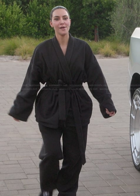 Kim's black belted robe on The Kardashians