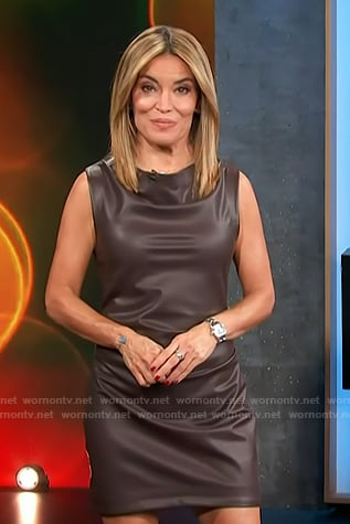 Kit’s brown sleeveless leather mini dress on Access Hollywood