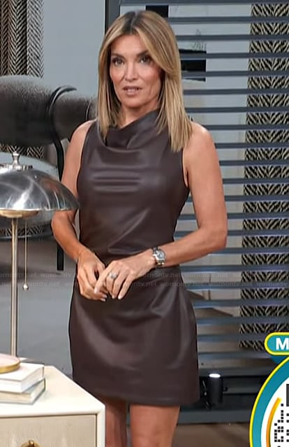 Kit's brown sleeveless leather mini dress on Access Hollywood