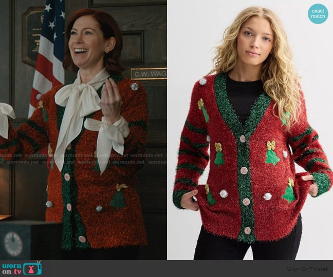 Kohls Jollidays Long Sleeve Tinsel Button Front Holiday Cardigan worn by Elsbeth Tascioni (Carrie Preston) on Elsbeth