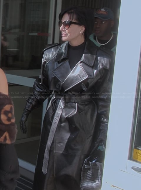 Kris's black leather trench coat on The Kardashians
