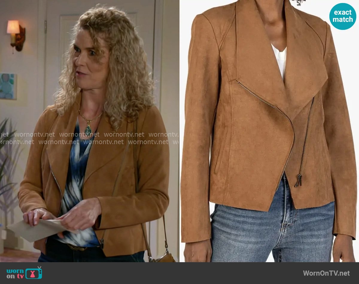 Kut from the Kloth Carina Camel Vegan Suede Asymmetrical Zip Moto Jacket worn by Jan Morgan (Jerri Tubbs) on Beyond the Gates