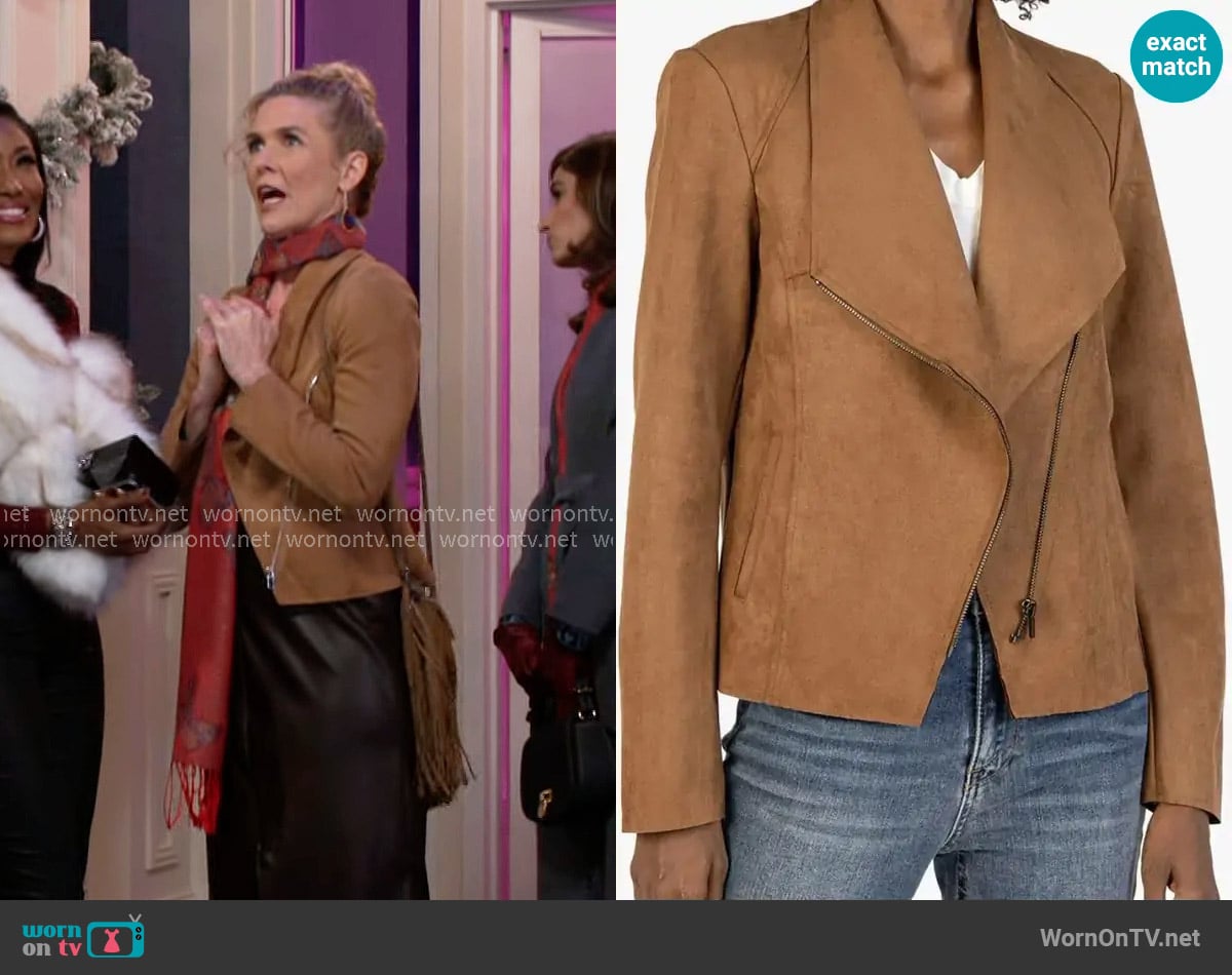 Kut from the Kloth Carina Camel Vegan Suede Asymmetrical Zip Moto Jacket worn by Jan Morgan (Jerri Tubbs) on Beyond the Gates
