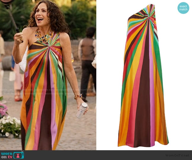 Prince Jane’s rainbow stripe one shoulder dress on Emily in Paris