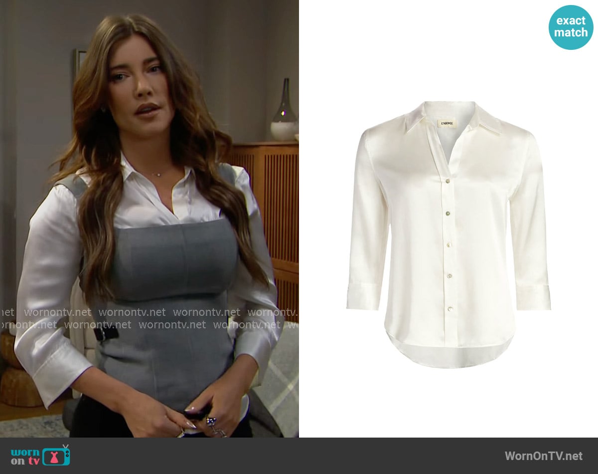 L'Agence Dani Three-Quarter Sleeve Silk Shirt in Ivory worn by Steffy Forrester (Jacqueline MacInnes Wood) on The Bold and the Beautiful