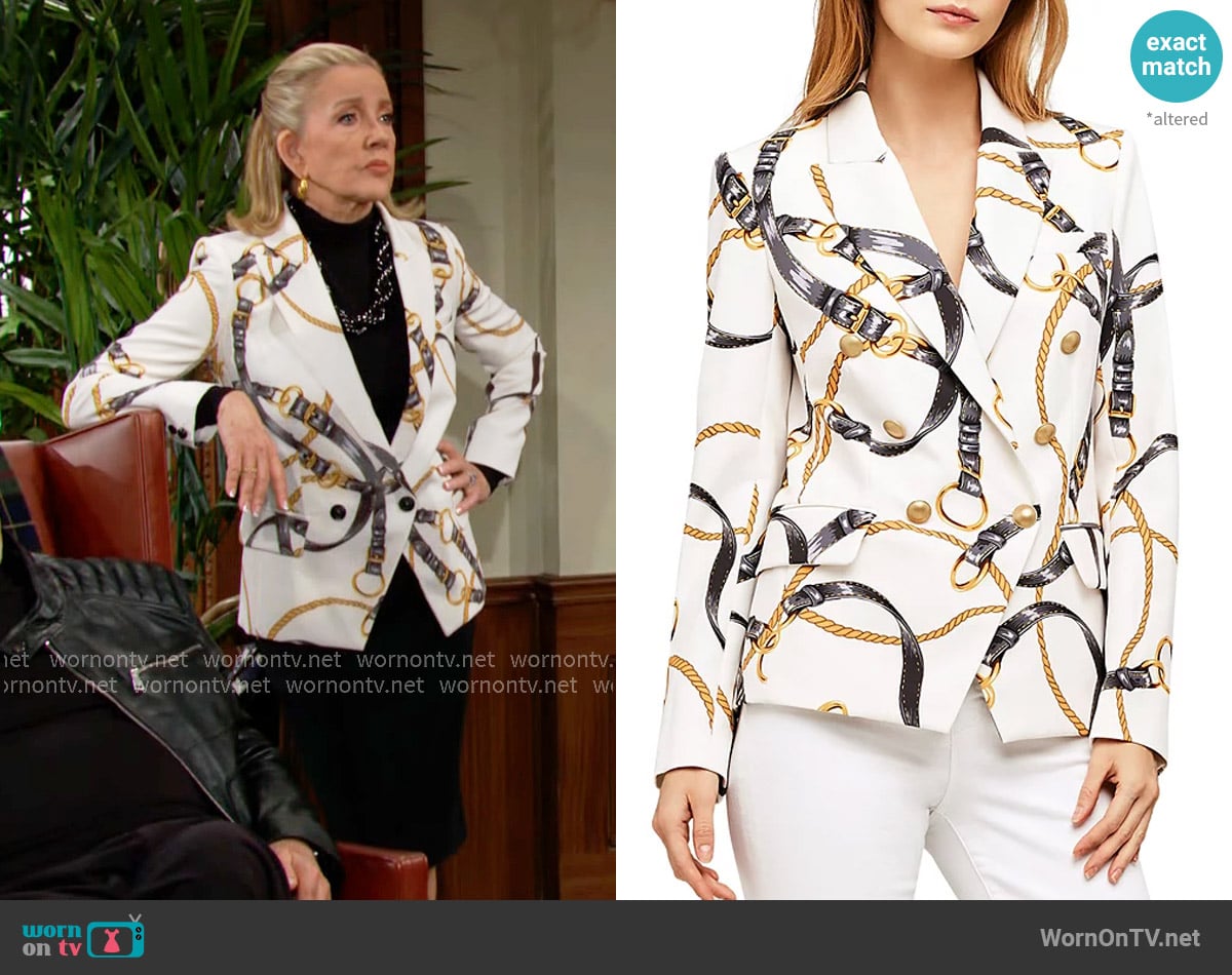 L'Agence Kenzie Harness Print Double Breasted Blazer In Ivory/Driftwood worn by Nikki Reed Newman (Melody Thomas-Scott) on The Young and the Restless