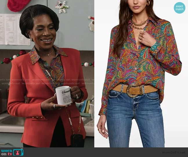 L'Agence Paisley-print long-sleeve shirt worn by Barbara Howard (Sheryl Lee Ralph) on Abbott Elementary